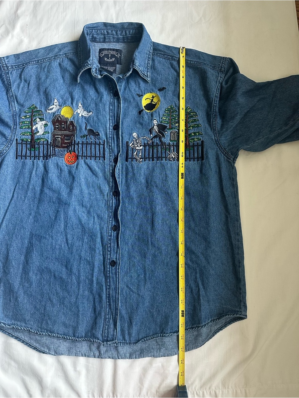 Denim Halloween Embroidered Button-Down 100% Cotton Vintage Shirt - Picture 7 of 15